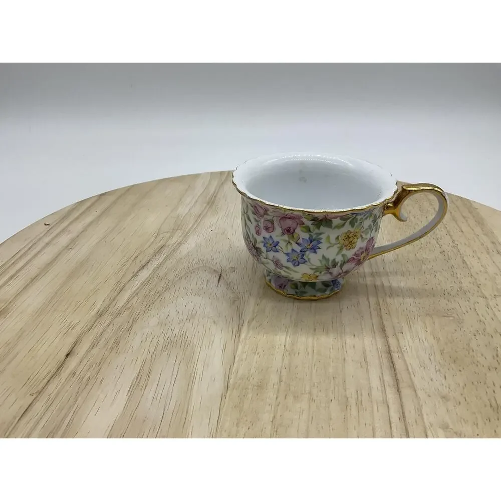 Floral Porcelain Tea Cup Gold Trim Footed Scalloped Rim Multicolor Vintage Retro